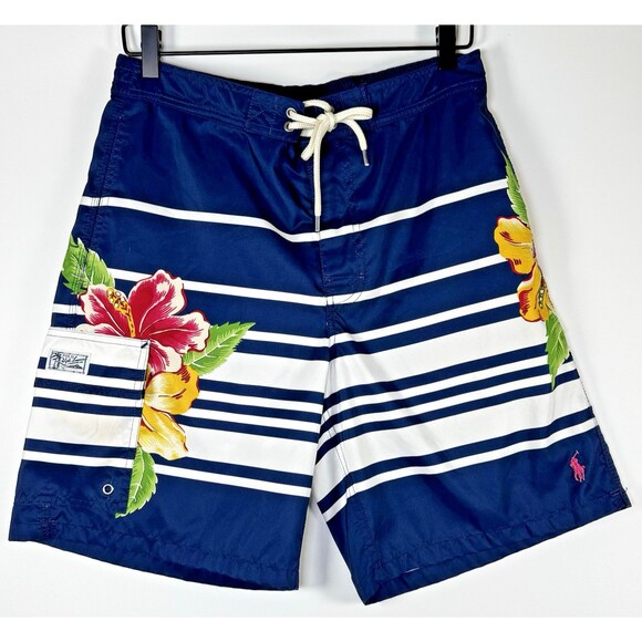 Polo Ralph Lauren Swim Trunks Medium Navy Stripe Hibiscus Floral Board Shorts - Picture 1 of 15